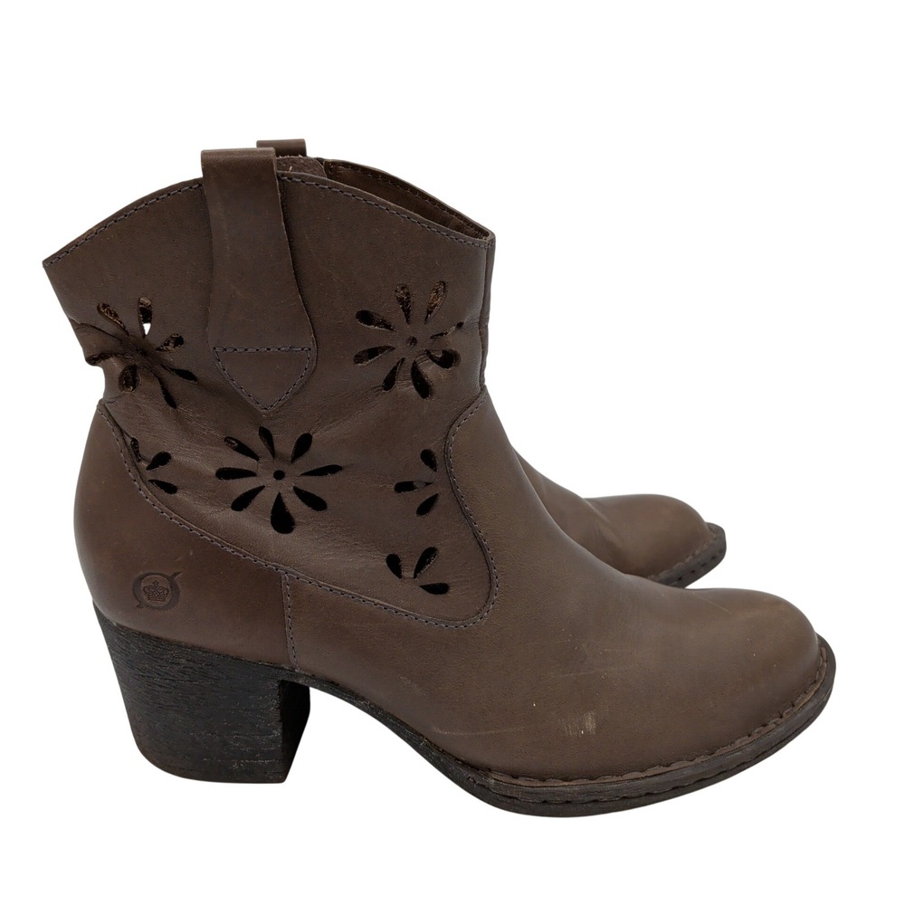 Born Ivy Brown Leather Floral Laser Cut Out Ankle Boots Womens 7‎ EU 38